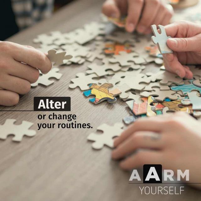 Two people putting together a puzzle with text saying "alter or change your routines" and with the acronym A A R M