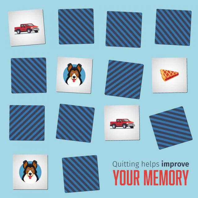 Memory matching game with a group of cards showing a few face up with text saying "quitting helps improve your memory"