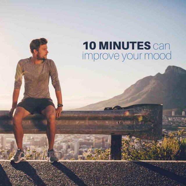 Male runner sitting on bench with text saying "10 minutes can improve your mood"