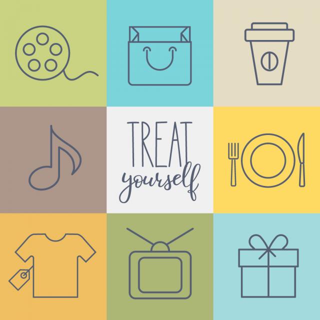 nine small images of a film reel, a purse, a coffee cup, a music note, a dinner plate, a new shirt, a television, and a gift box with text saying "treat yourself"